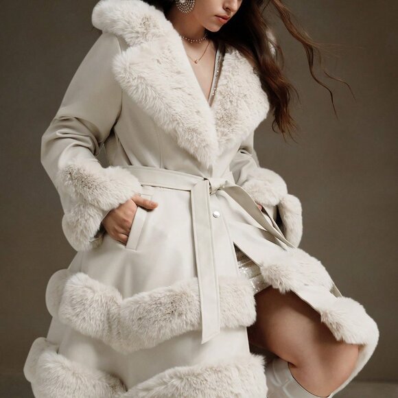 White Elegant Women's Fluffy Plus Size Cinched Waist Jacket - Picture 6 of 7